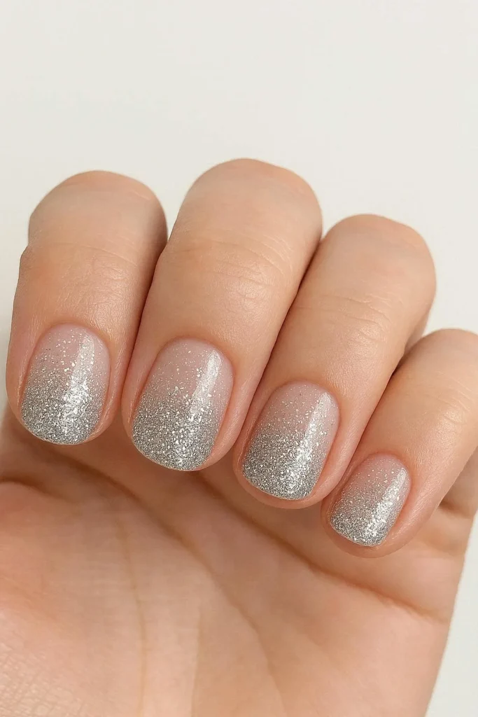 Short glitter ombre nails with chic sparkle fade design