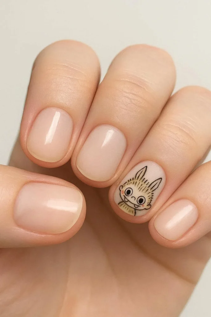 Short Labubu nails with simple cute character illustrations