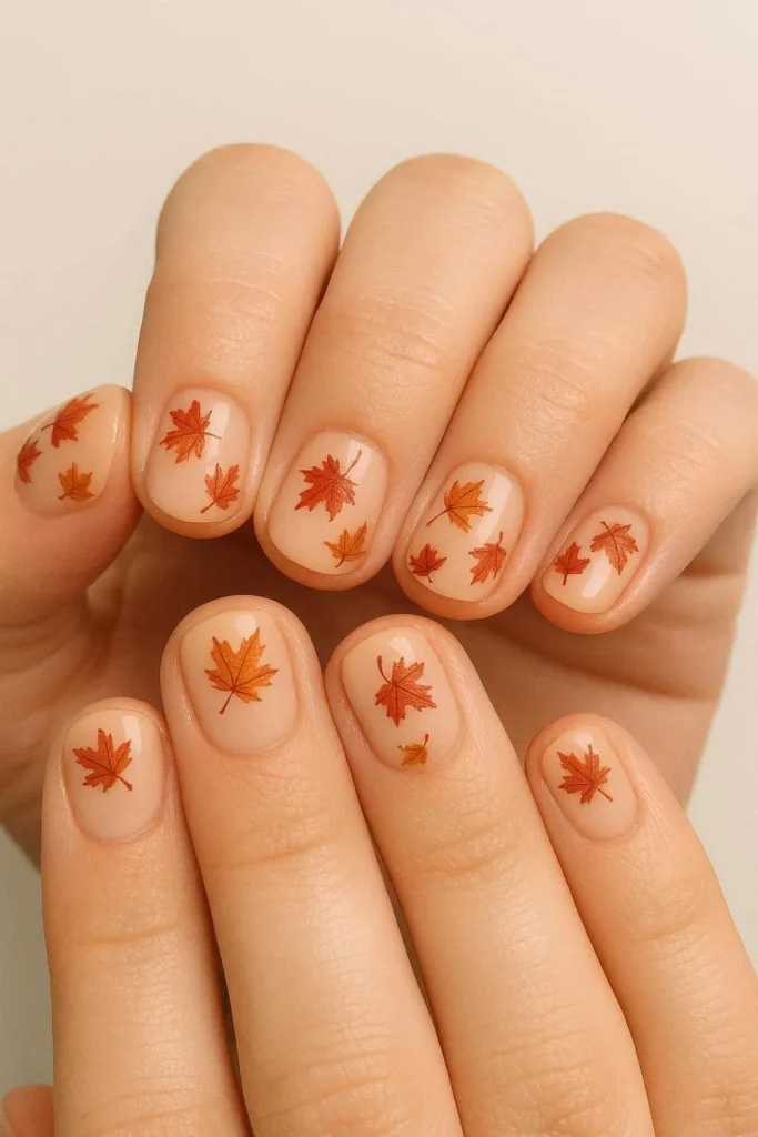 Short nails with tiny autumn maple leaf nail art