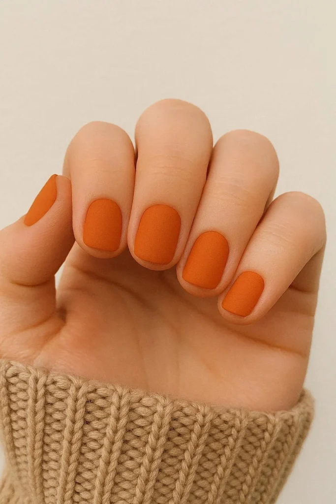 Short matte orange nails simple wearable fall manicure design