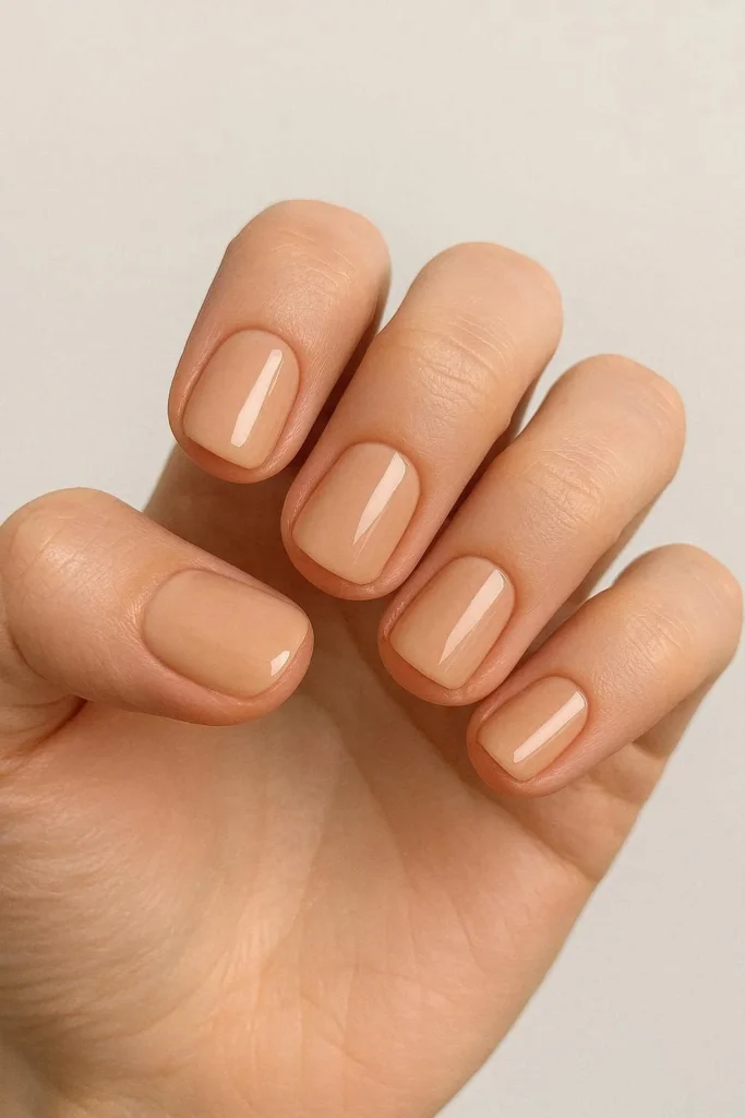 Short neutral beige nails with clean simple everyday finish