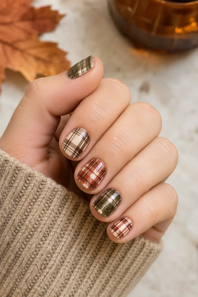 Short plaid nails with delicate autumn nail designs