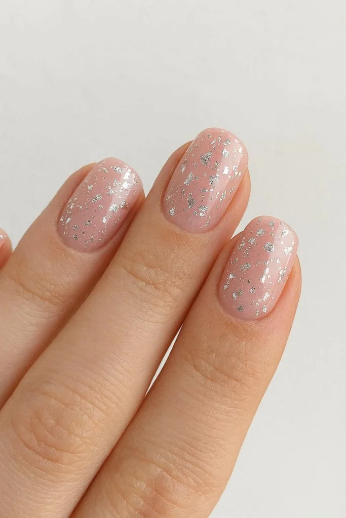 Silver foil flakes scattered on glossy blush pink winter nails