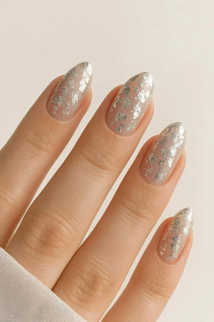 Silver foil bridal nails over nude base modern winter wedding