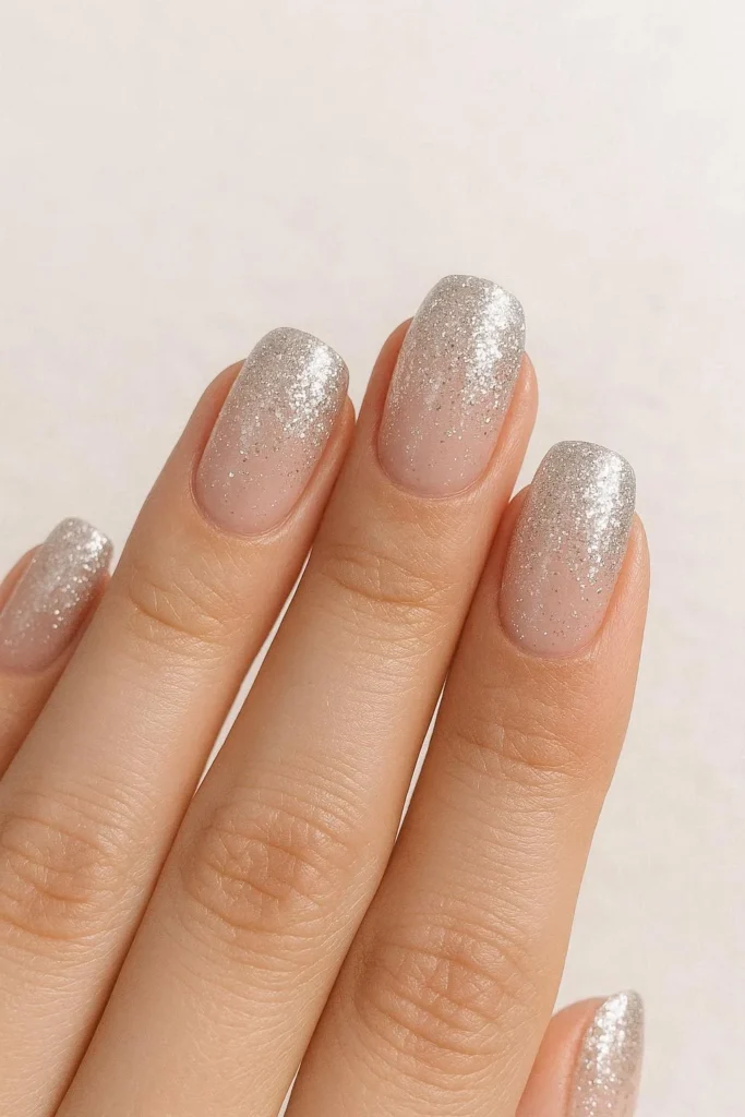 Silver glitter ombre bridesmaid nails sparkle nude base wedding design