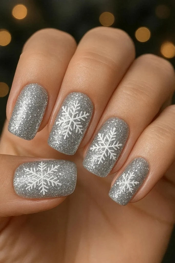 Silver glitter snowflake nails sparkling winter manicure