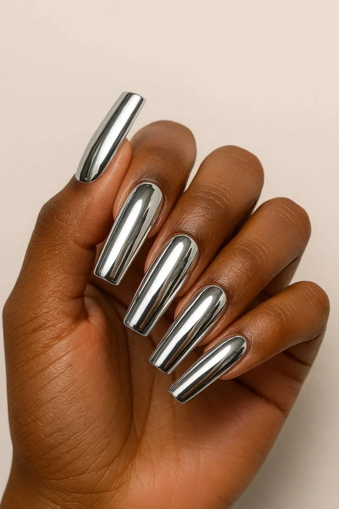  Reflective silver mirror chrome coffin nails dark skin