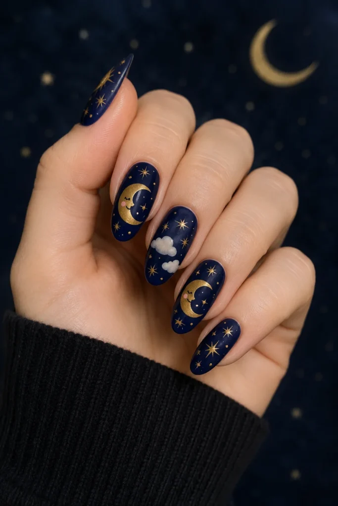 Smiling crescent moon nails in gold and lavender with star accents