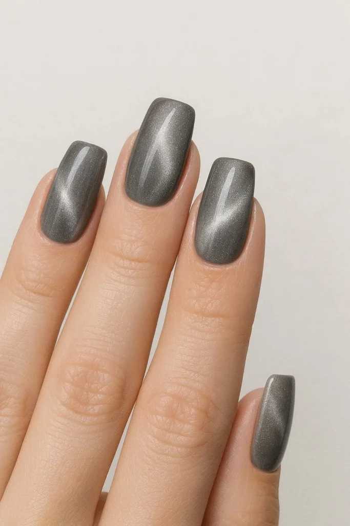 Smoky gray cat eye nails with silver shimmer on square shape