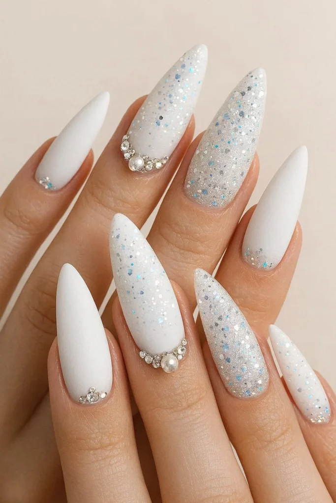 Snow queen bridal nails sparkling white silver winter wedding design