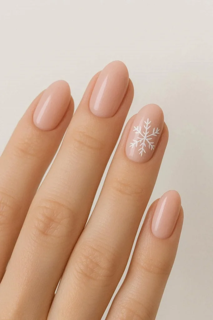 Soft pink nails with white snowflake accent nail art