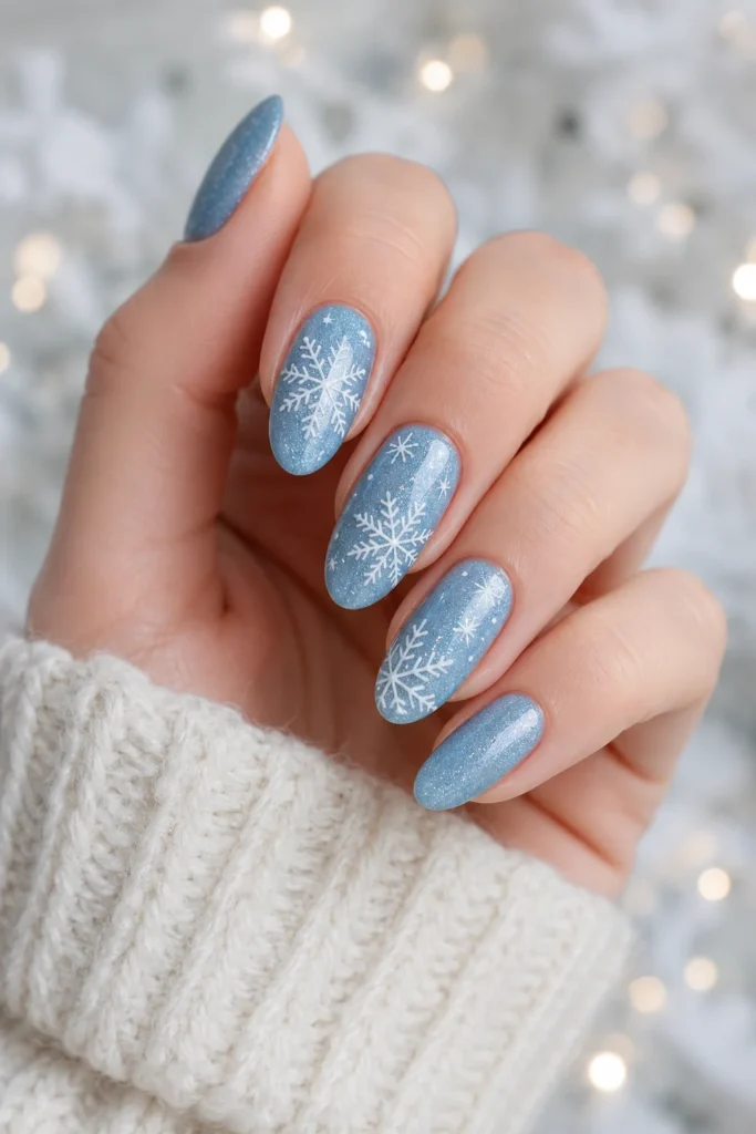 Delicate white snowflake nail art on a frosty blue base