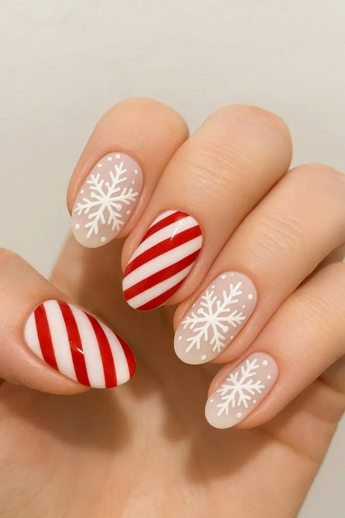 Candy cane nails with delicate white snowflake details