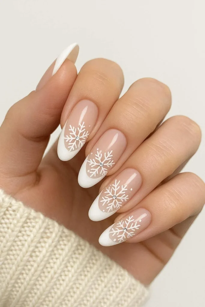 Snowflake French tip nails elegant bridal winter wedding design