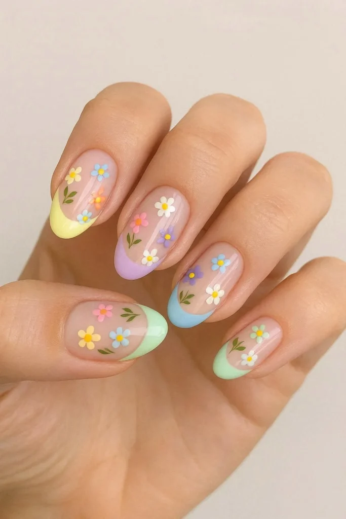 Soft pastel French nails with mixed miniature floral art