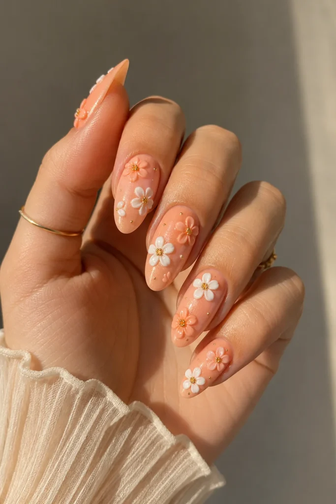 Soft peach bloom 3D nails with shimmer base and raised coral flowers