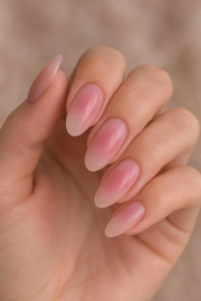 Soft pink aura acrylic nails with ethereal watercolor halo effect 