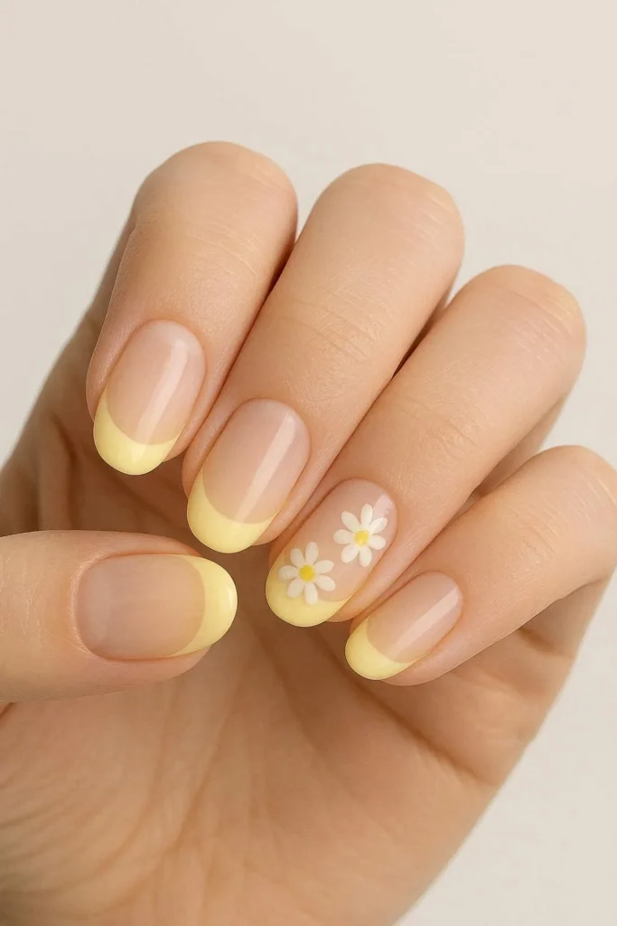 Soft yellow French nails with cheerful daisy nail art
