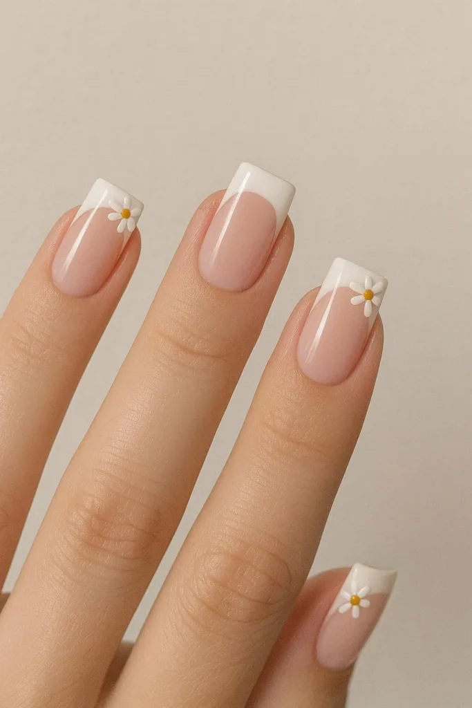 Square French nails with daisy details at nail corners
