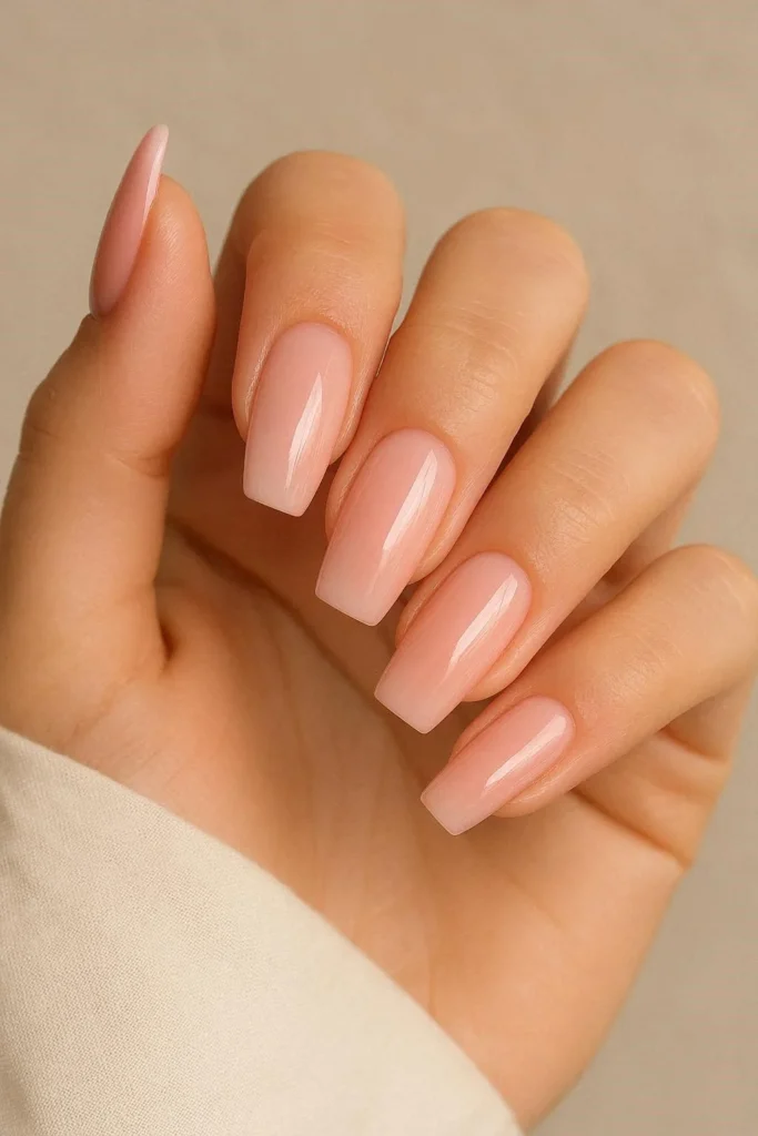 Strawberry milk acrylic nails with creamy warm blush pink finish 