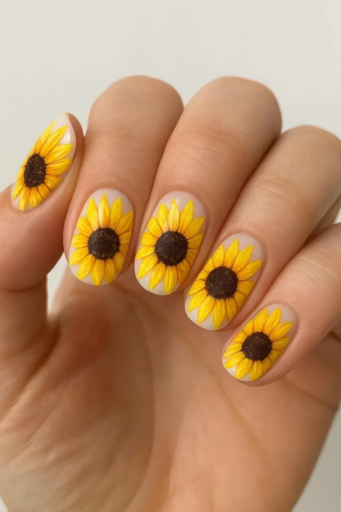 Bright sunflower nail ideas with yellow petals on nude base