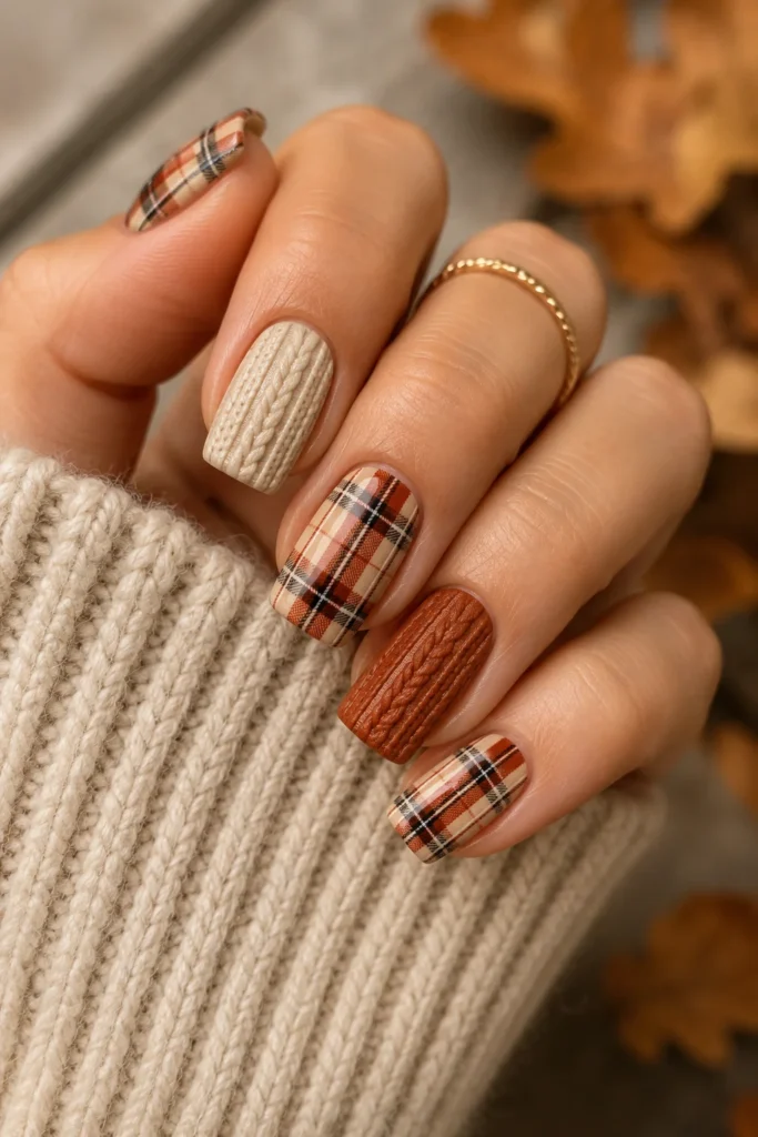 Cozy sweater texture and plaid accent nails for fall