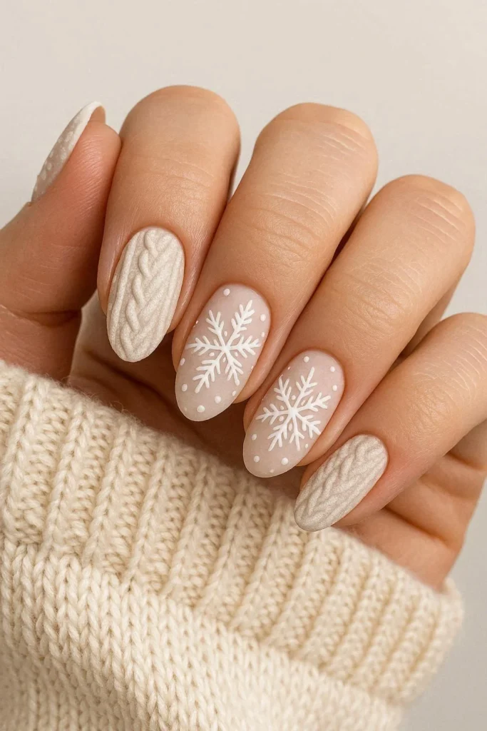 Sweater texture and snowflake nails cozy winter nail art