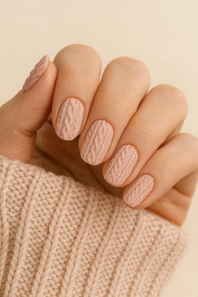 Cozy knitted sweater texture blush pink winter nail art