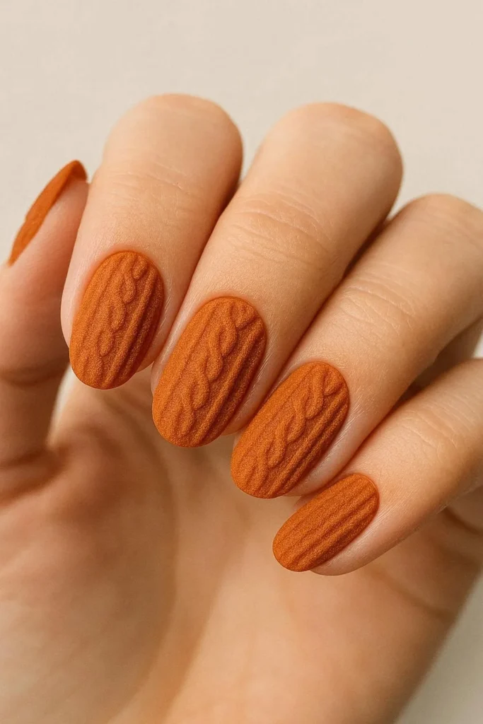 Matte orange sweater knit texture nails inspired by cozy fall knitwear