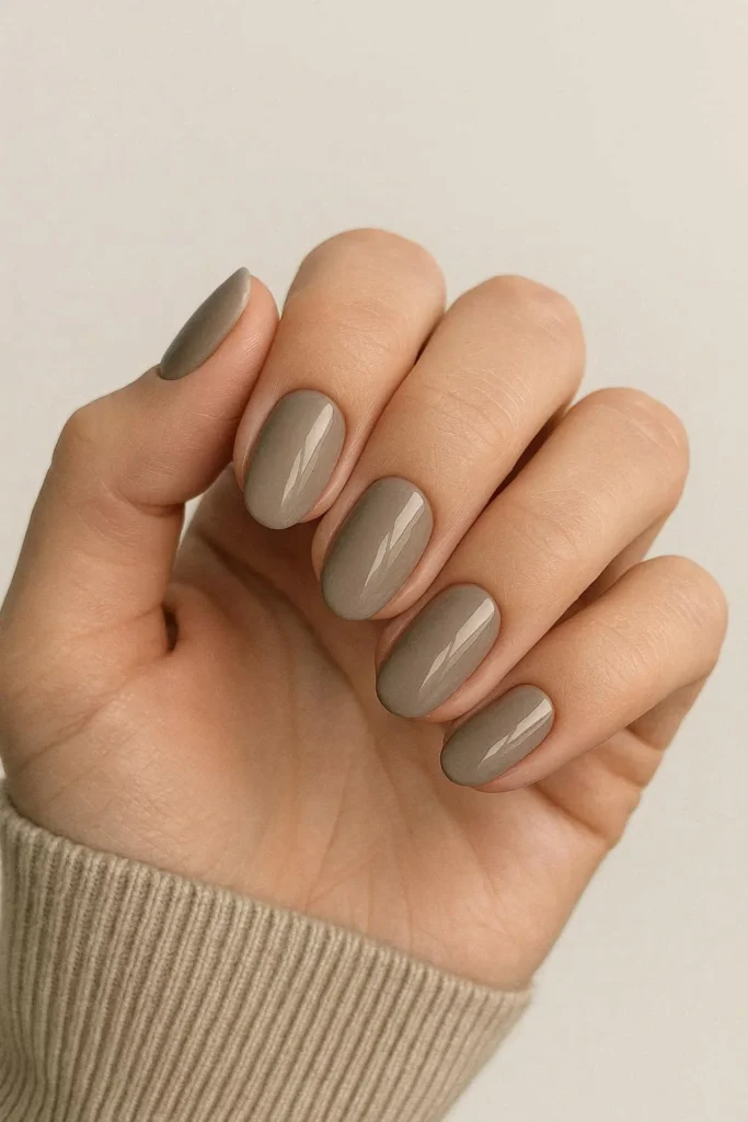 Taupe beige nails in muted cool-neutral modern shade