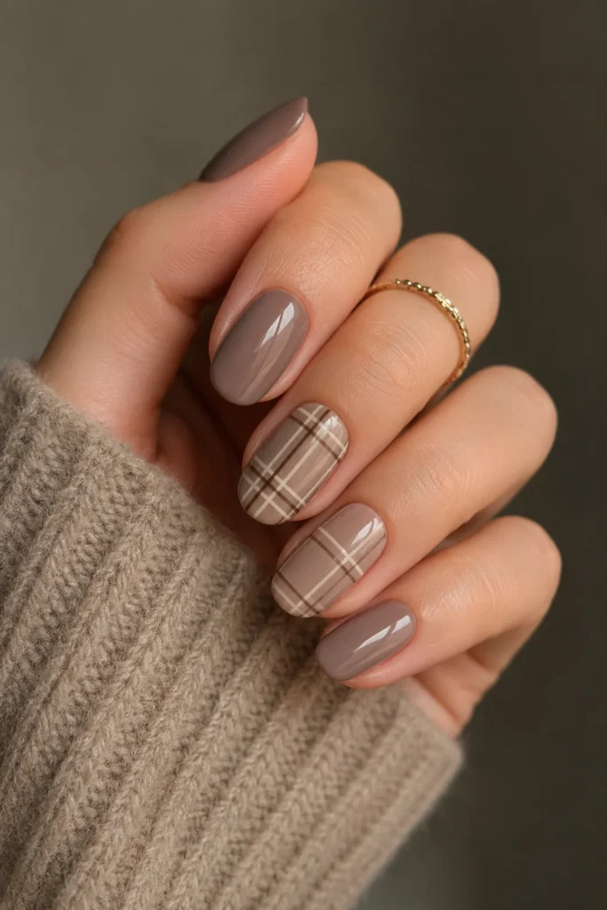 Muted taupe plaid nails with subtle autumn linework
