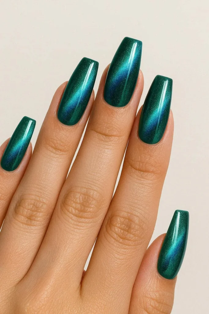  Teal magnetic cat eye nails with ocean shimmer on coffin shape