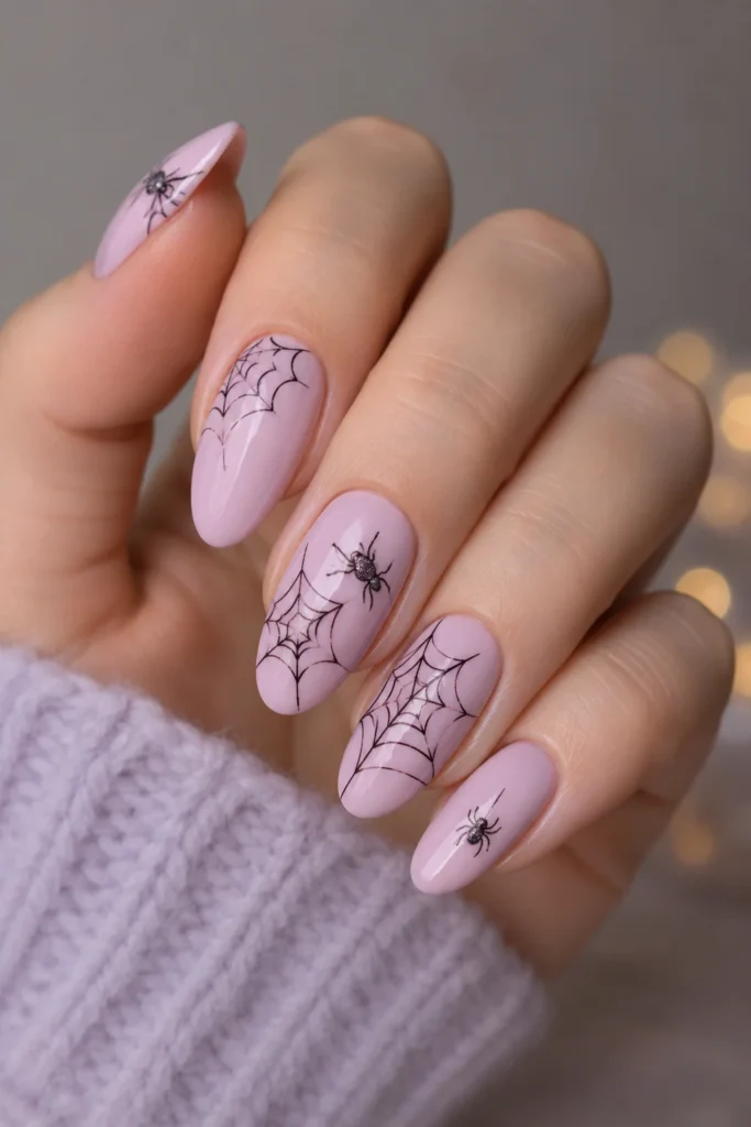 Tiny spider web nails on soft pastel lavender base with sparkle