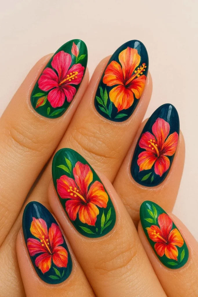 Tropical floral nails with bold hibiscus flowers and green base