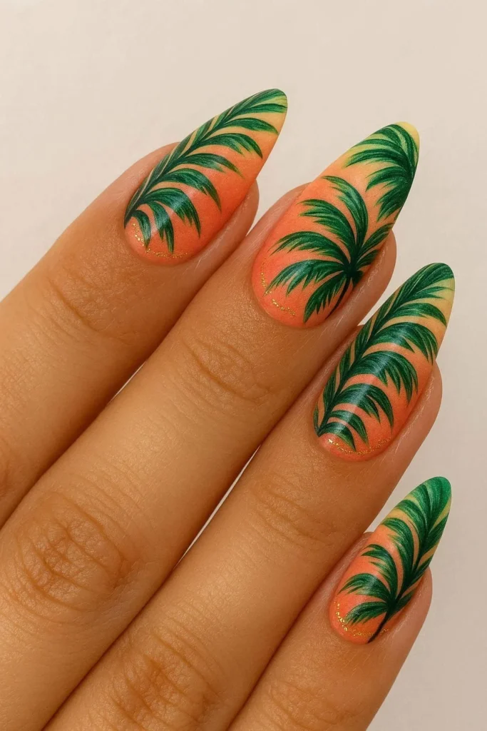 Tropical paradise nails with palm leaves and sunset gradient