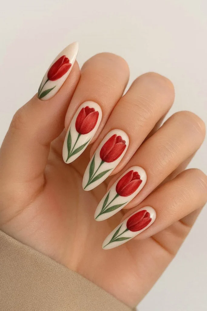 Elegant tulip flower nails in soft spring shades