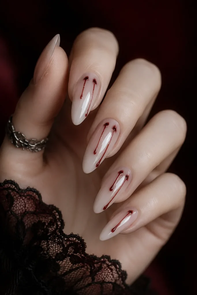 Vampire bite nail art with red blood drip design