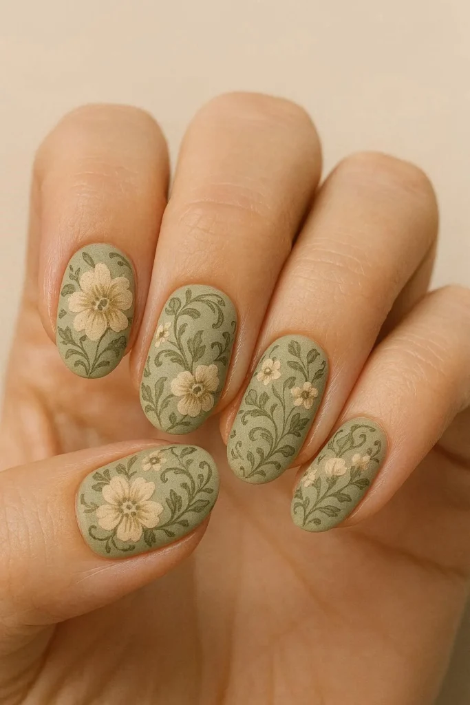 Vintage flower nails with muted dusty rose and antique cream florals 
