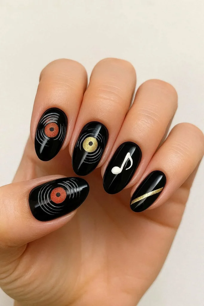 Music inspired vinyl record nail art design in black and gold
