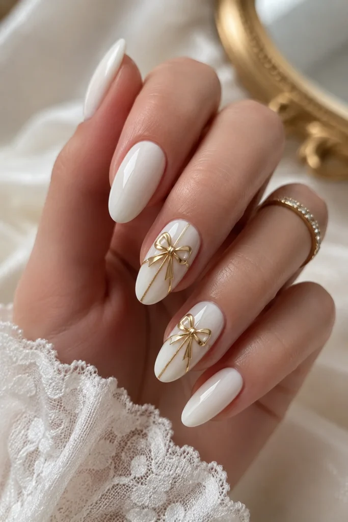 White nails with luxe gold bow accent designs