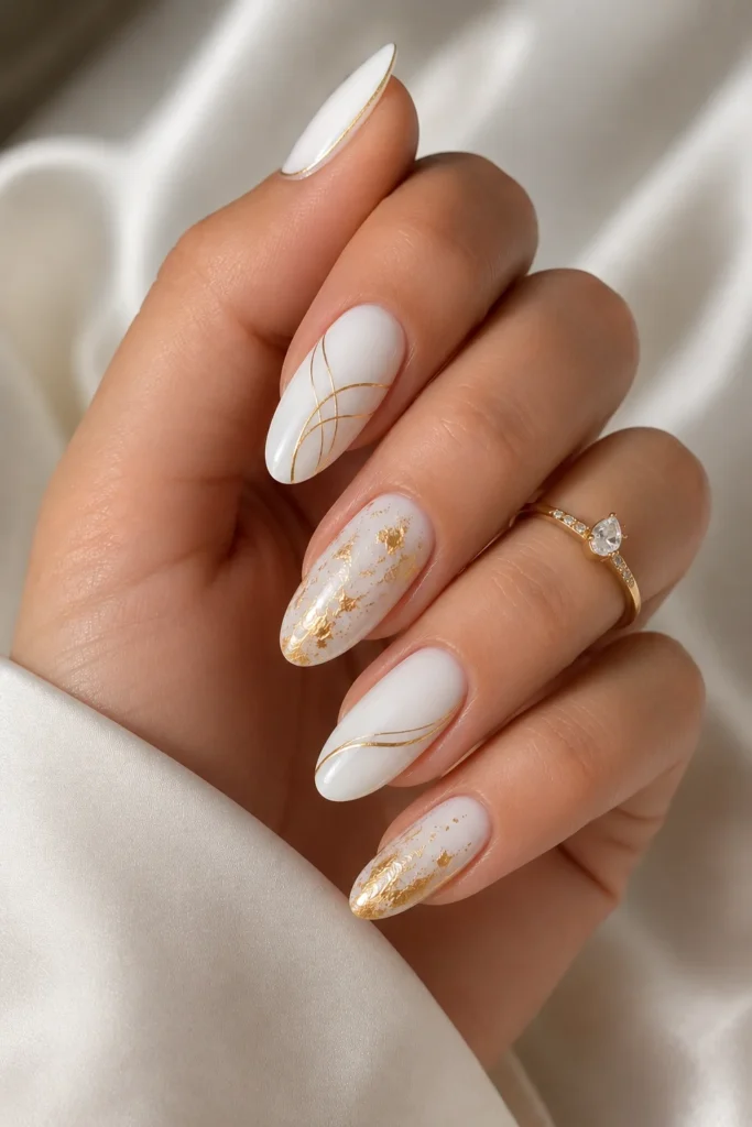 White nails with elegant gold line detailing and foil