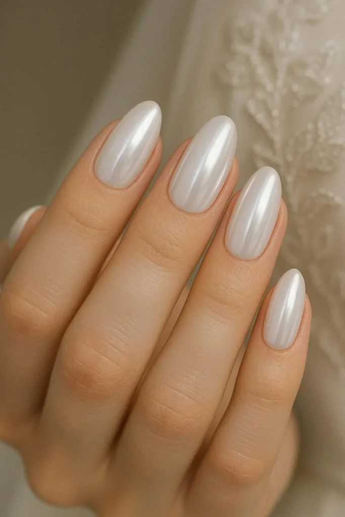 White chrome pearl finish luxury bridal wedding nails