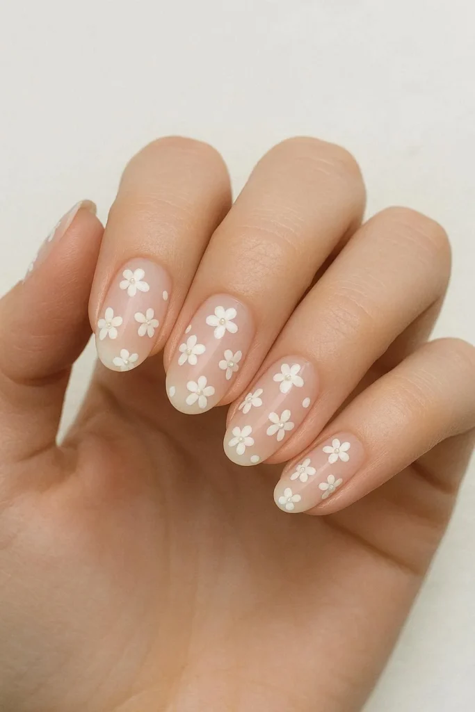 White floral details on soft pink wedding nails