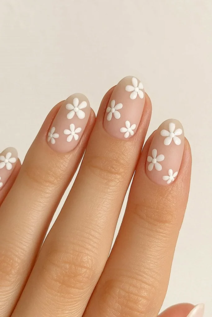 White flower nails with minimalist floral detail on glossy base