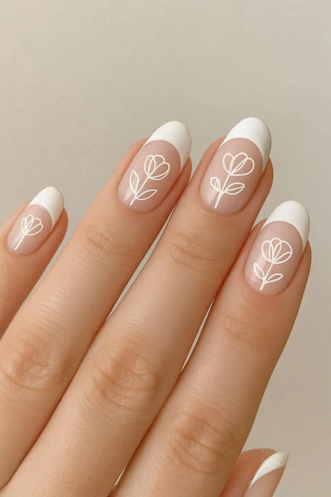 White French nails with minimal floral outline nail art