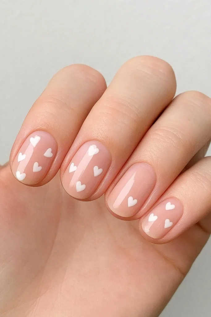 White heart accent on blush pink bridal wedding nails
