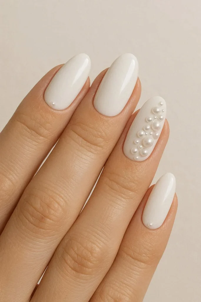 White and pearl accent bridal nails timeless winter wedding design