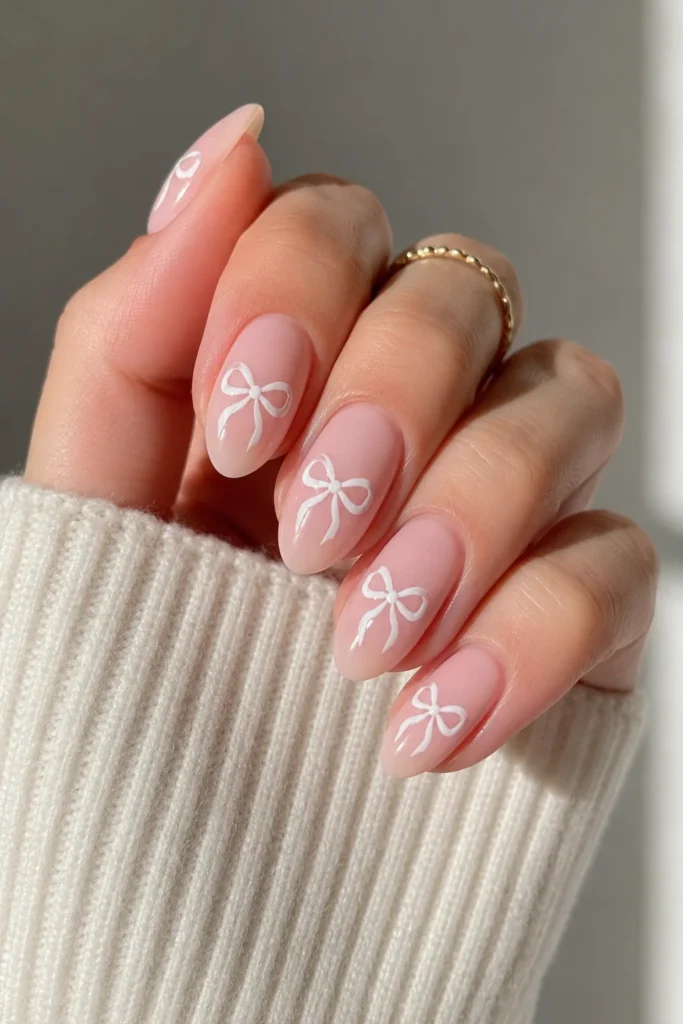  White ribbon bow nails over sheer pink manicure