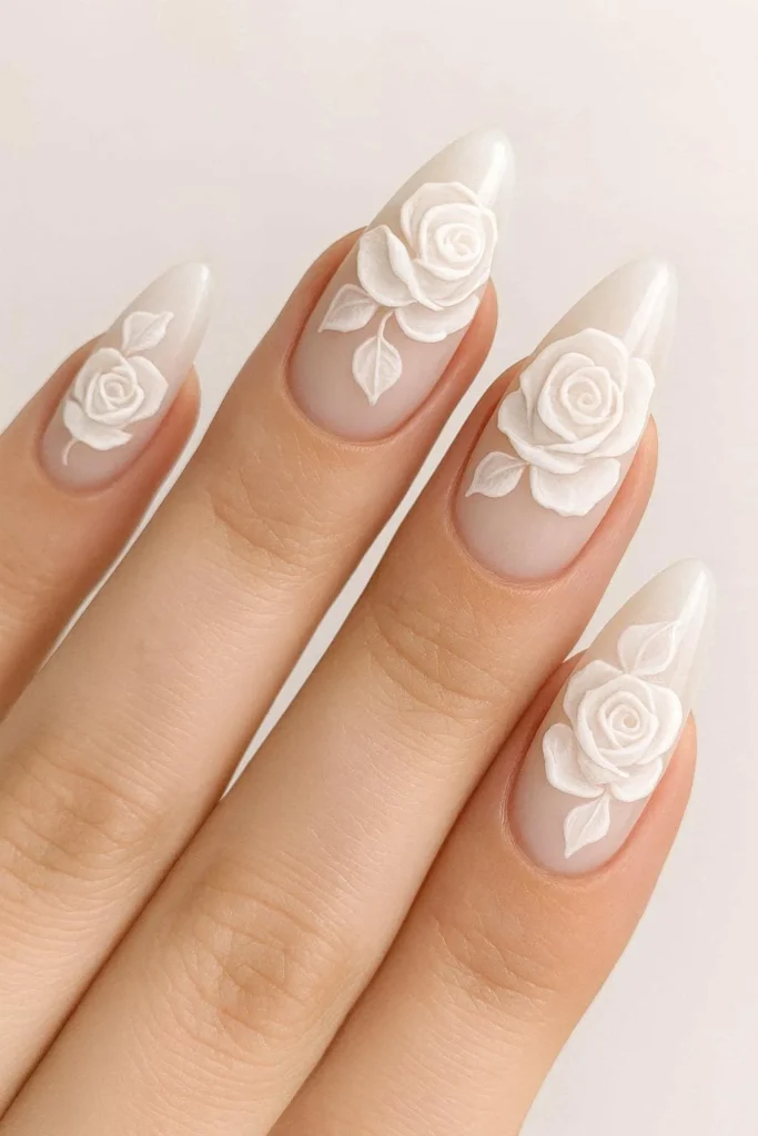 White rose bridal nails hand painted floral winter wedding design