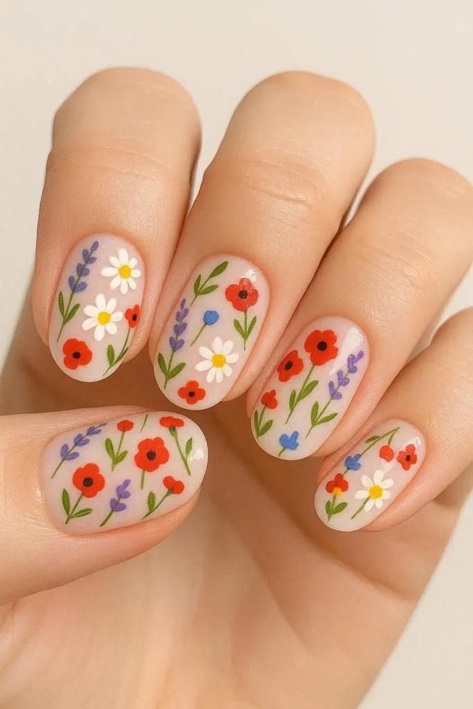 Colorful wildflower nail designs on white base